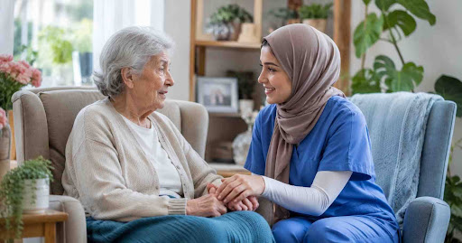 Altenpflegekraft betreut einen älteren Menschen im Pflegeheim.