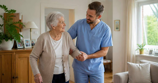 Pflegekraft eines ambulanten Pflegedienstes unterstützt eine ältere Frau zu Hause.