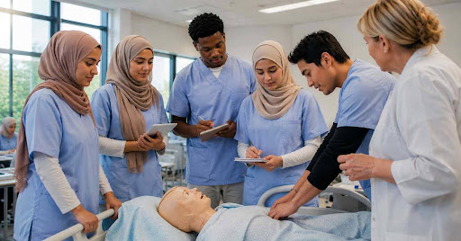 Auszubildende in der generalistischen Pflegeausbildung lernen praktische Pflege.