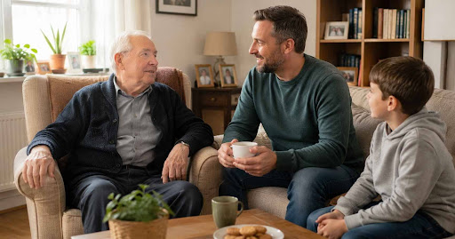 Familie pflegt einen älteren Angehörigen zu Hause im Wohnzimmer.