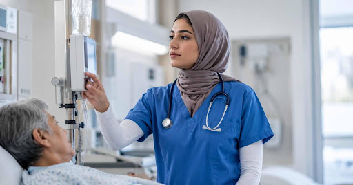 Pflegefachkraft versorgt einen Patienten im Krankenhaus