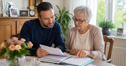 Pflegebedürftige Frau und Angehörige bereiten zu Hause Unterlagen und Pflegetagebuch für die MDK-Begutachtung vor.