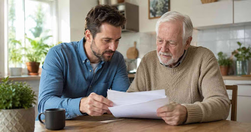 Angehörige besprechen zu Hause das Pflegegeld für die häusliche Pflege