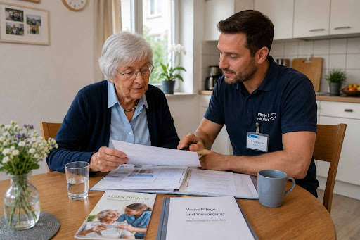Seniorin mit Pflegegrad 1 erhält zu Hause leichte Unterstützung und bespricht Pflegeleistungen mit einer Angehörigen.