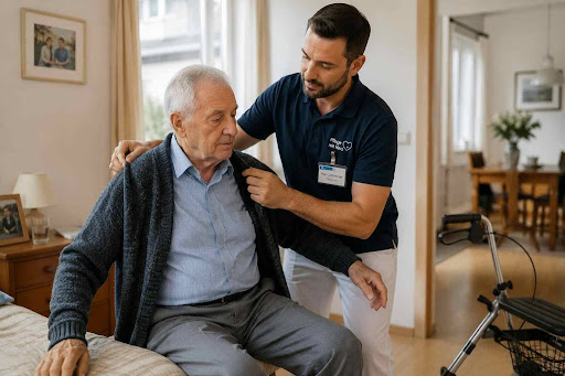 Senior mit Pflegegrad 2 bekommt regelmäßige Unterstützung bei Mobilität und Körperpflege zu Hause.