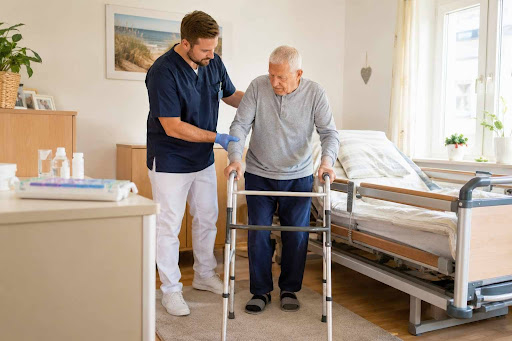 Pflegekraft unterstützt eine Person mit Pflegegrad 3 bei intensiver häuslicher Pflege und Versorgung.