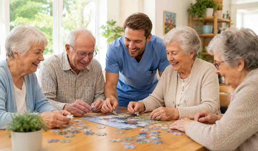 Seniorin wird tagsüber in einer Tagespflegeeinrichtung betreut und beschäftigt.